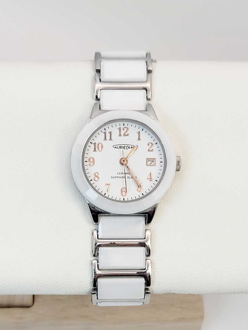 Aureole SW‑481L Ladies Ceramic Watch Sapphire Glass White Silver Japan Quartz